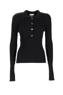 Black ribbed knit wool polo sweater with gold-tone buttons and branded collar label by Ganni women