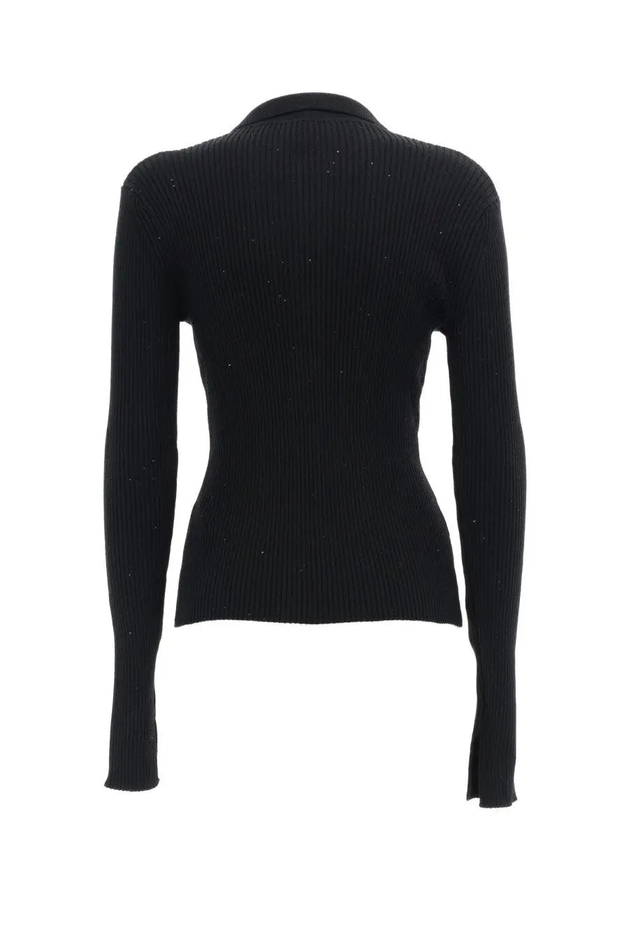 Ganni women’s wool polo black ribbed knit sweater with collar and subtle shimmering details