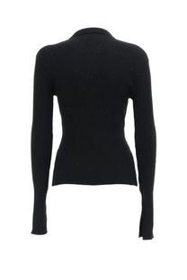 Ganni women’s wool polo black ribbed knit sweater with collar and subtle shimmering details