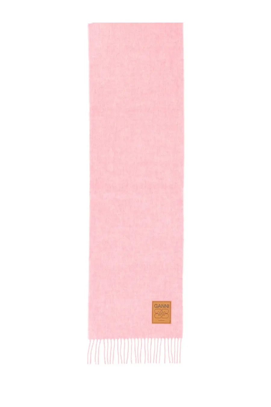 Ganni women’s wool scarf in soft pink with subtle textured weave and delicate white fringe at the ends
