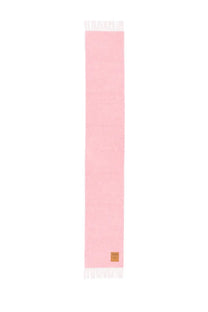 Ganni women’s wool scarf soft pink with white fringe and brown leather tag visible on front side