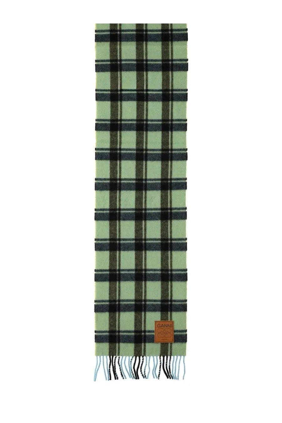 A light green and black plaid wool scarf with fringed edges and a brown leather tag by Ganni women