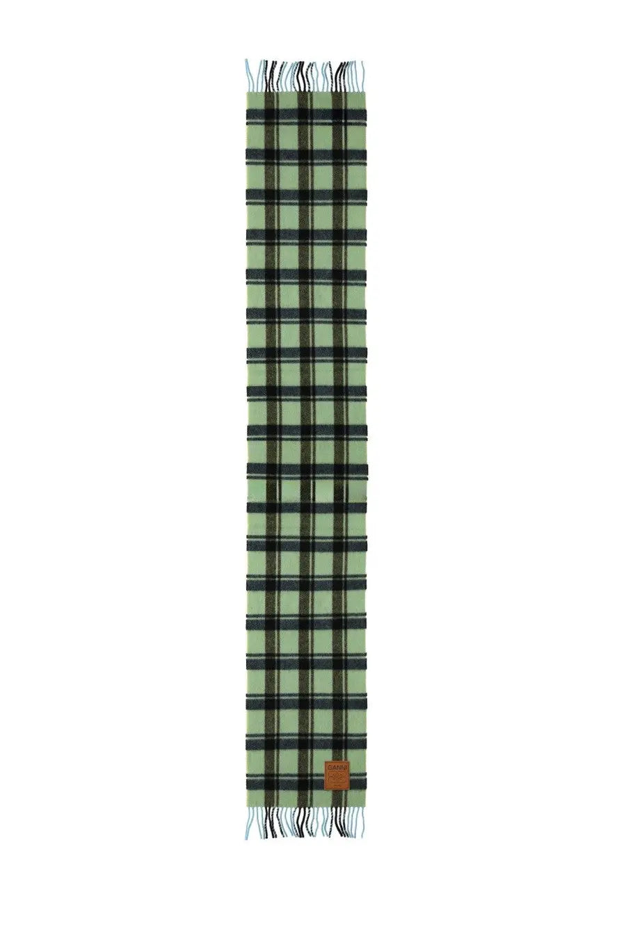 Ganni women’s wool scarf in light green and black plaid with fringed edges and a brown leather tag