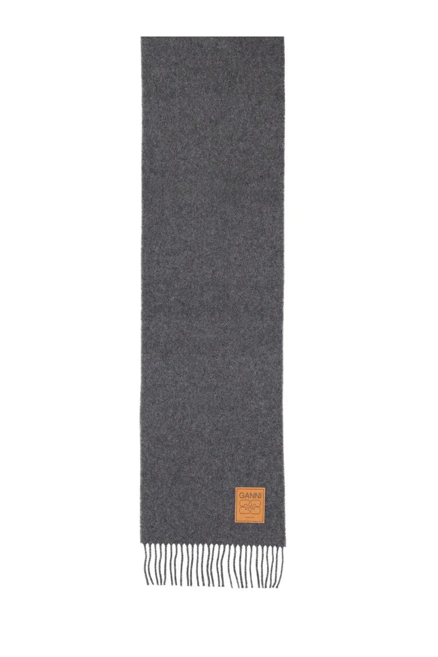 Ganni women’s wool scarf grey in dark gray with tan leather tag made from soft wool for warmth and style
