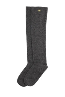 Ganni women’s wool socks in dark gray heathered knit knee-high style with a small gold logo at the cuff
