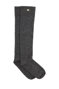 Ganni women’s dark gray wool knee-high socks with ribbed cuff and small gold logo at the top