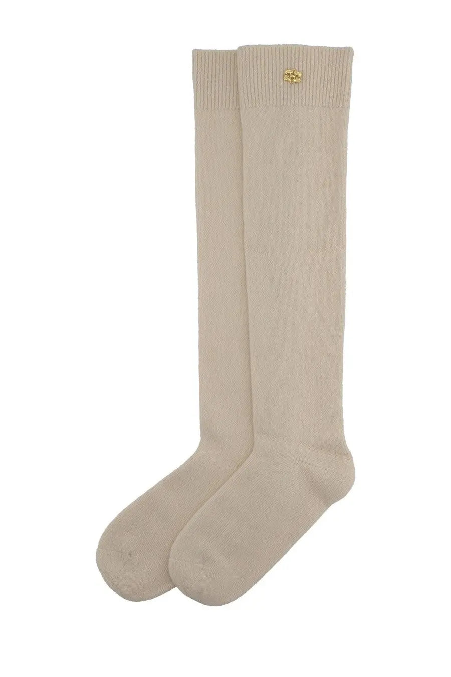 Ganni women’s wool socks white cream knee-high socks with ribbed cuff and small gold logo on upper part