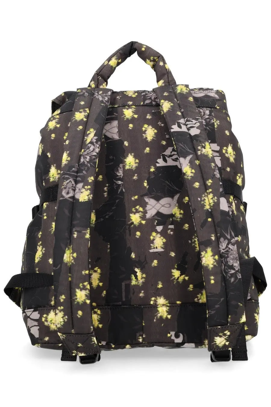 Ganni women’s zaino RE tech con multicolor black backpack with vibrant yellow gray floral pattern and padded straps