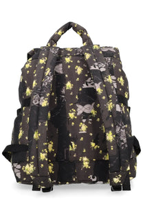 Ganni women’s zaino RE tech con multicolor black backpack with vibrant yellow gray floral pattern and padded straps