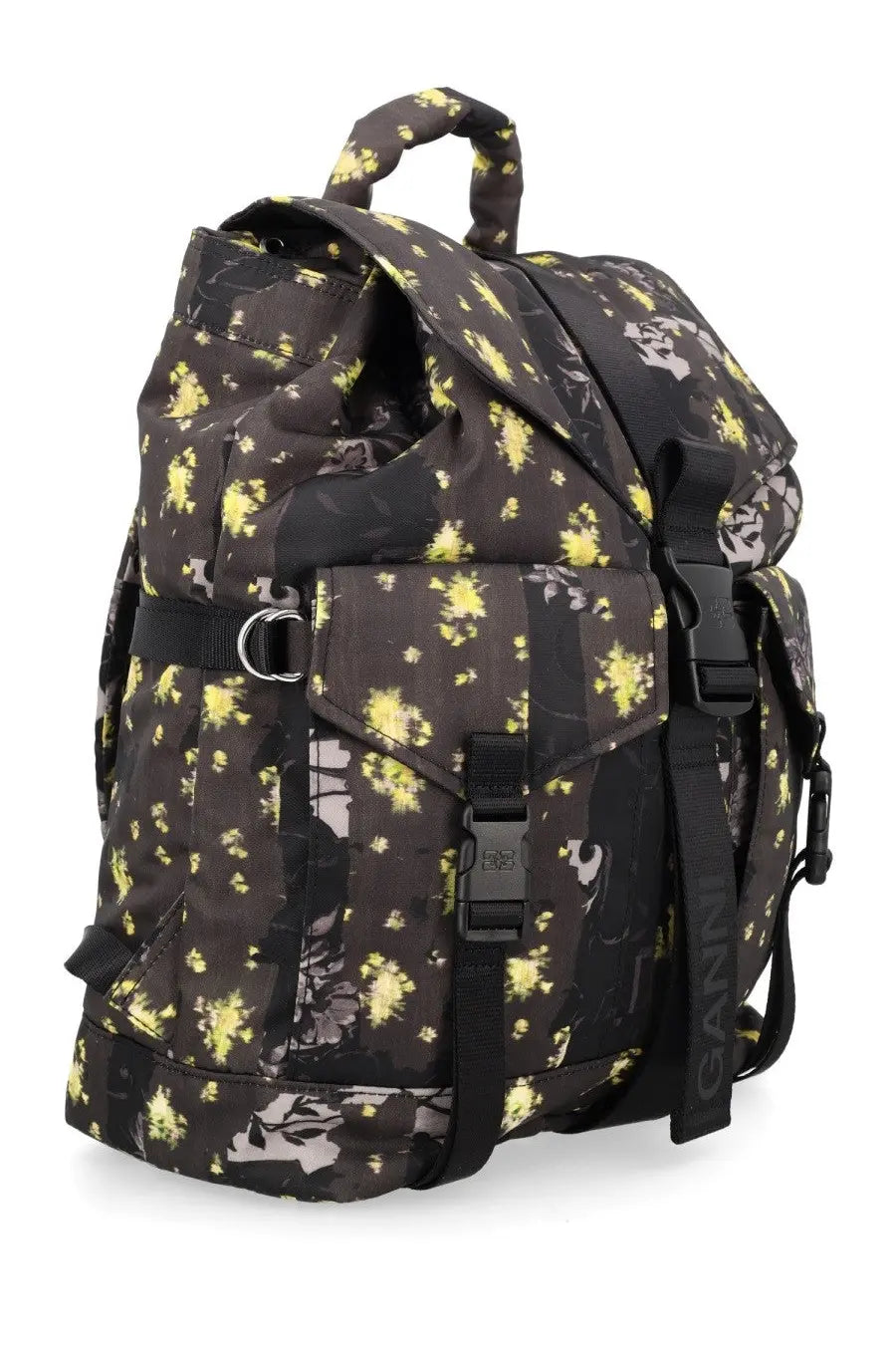 Ganni women’s zaino re tech con multicolor backpack with black straps and yellow floral pattern shown from back side