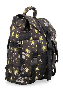 Ganni women’s zaino re tech con multicolor backpack with black straps and yellow floral pattern shown from back side