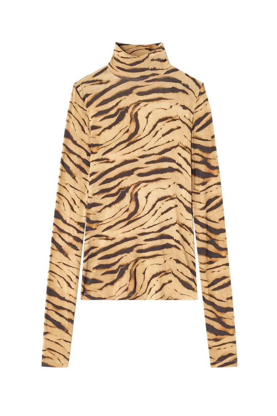 Beige and black tiger stripe patterned long-sleeved turtleneck top by Ganni in zebra print design
