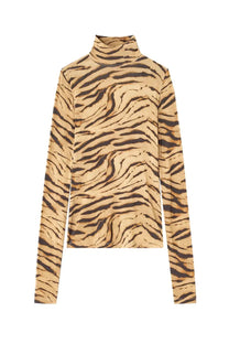 Beige and black tiger stripe patterned long-sleeved turtleneck top by Ganni in zebra print design