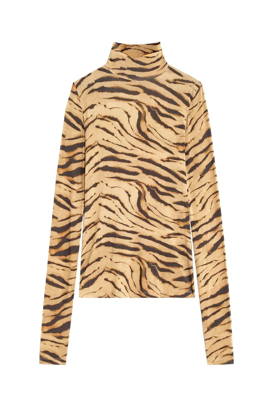 Ganni women’s long-sleeved turtleneck top with beige and black zebra print pattern