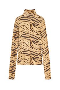 Ganni women’s long-sleeved turtleneck top with beige and black zebra print pattern