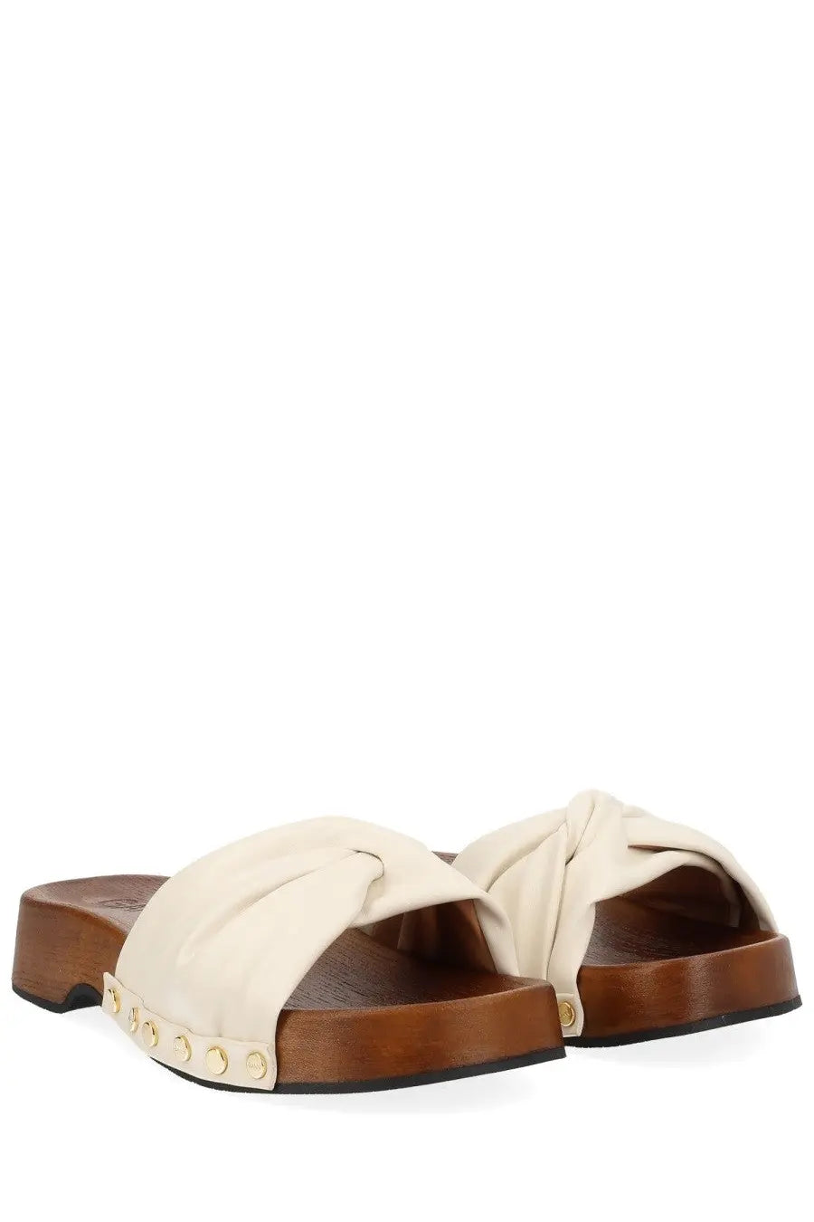 Cream-colored leather slide sandals with wooden platform sole and gold-tone metal studs ganni womens zoccolo tia fairy white