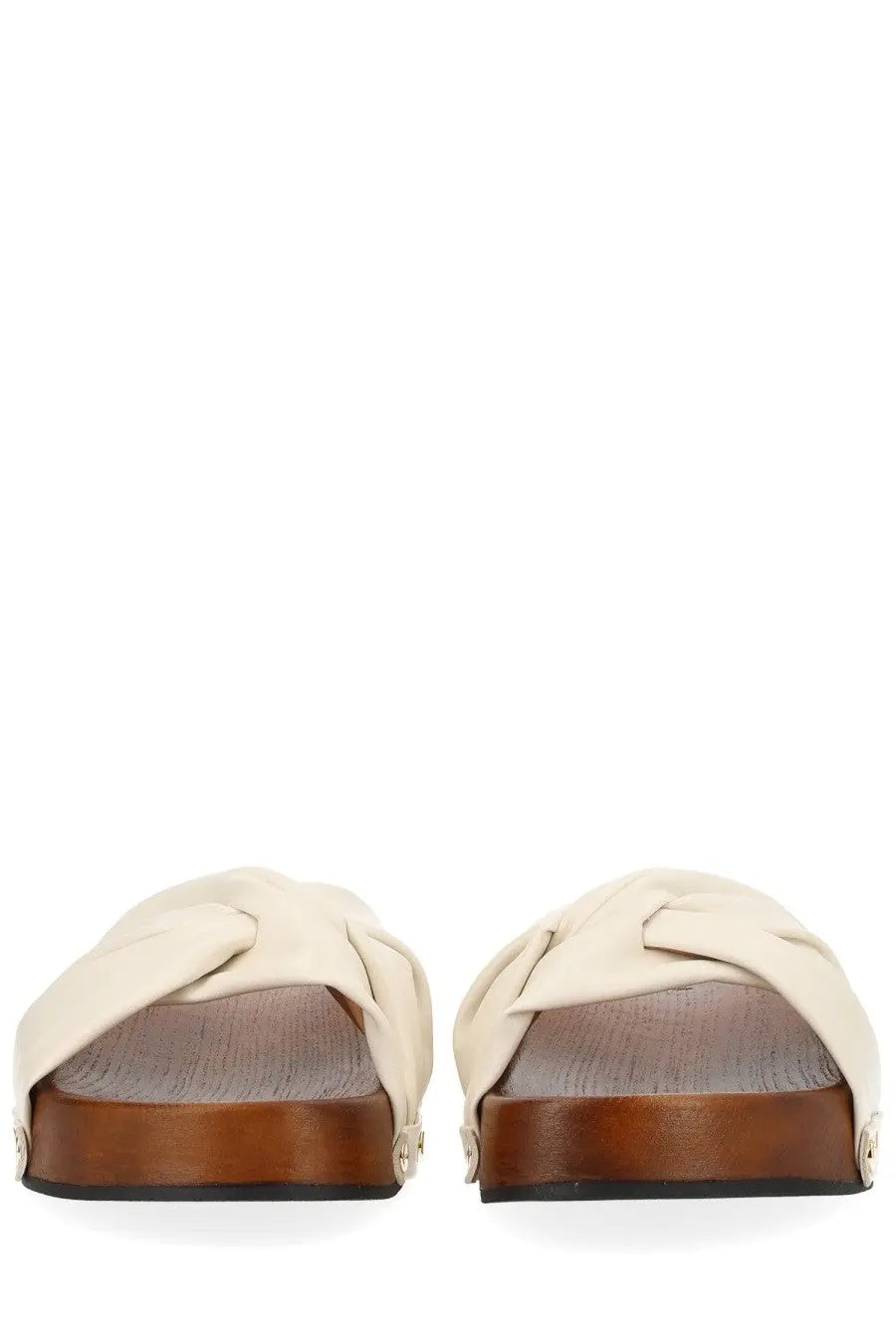 Ganni women’s zoccolo tia fairy white cream-colored leather slide sandals with knotted design and wooden soles