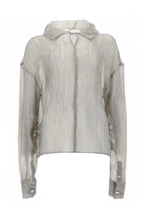 The garment women’s blue delphia grey sheer light gray blouse with soft pleated texture and buttoned cuffs