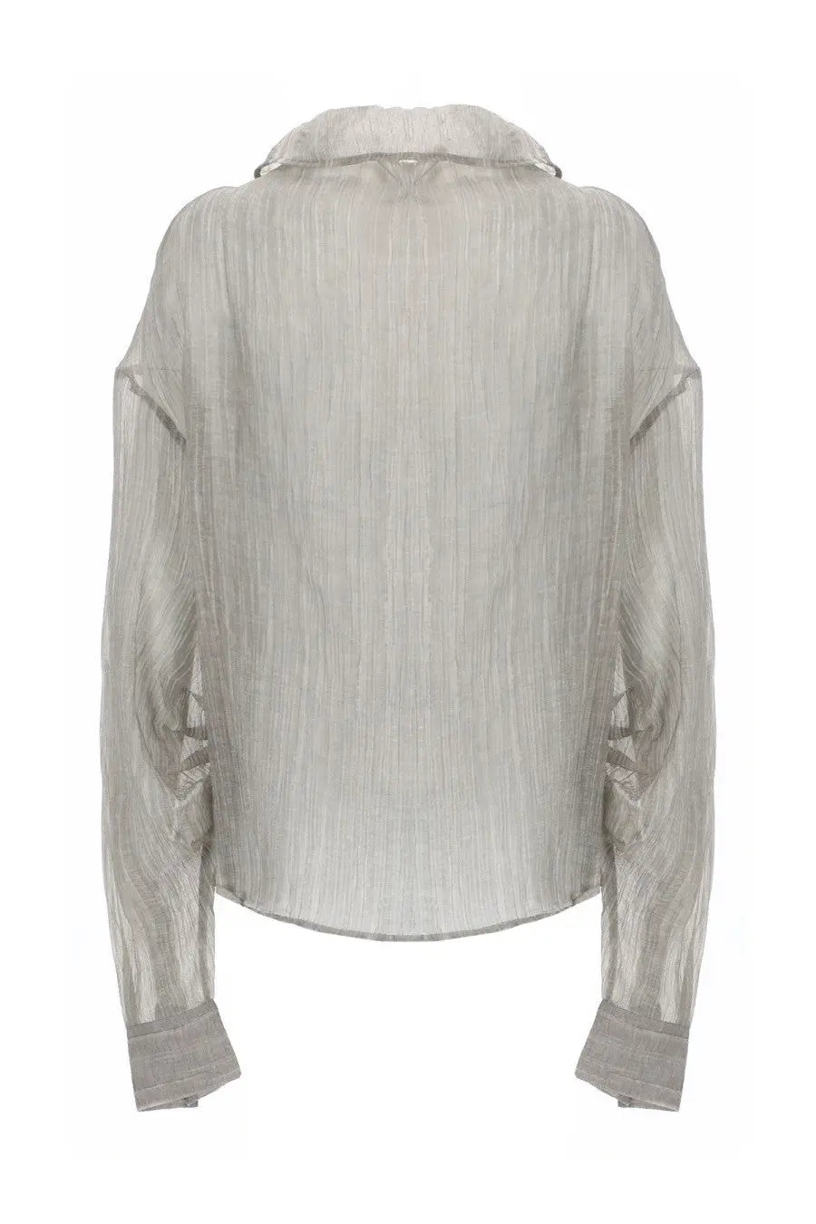 The Garment women’s Blue Delphia Grey sheer silver-toned blouse with subtle ribbed texture and gathered cuff sleeves
