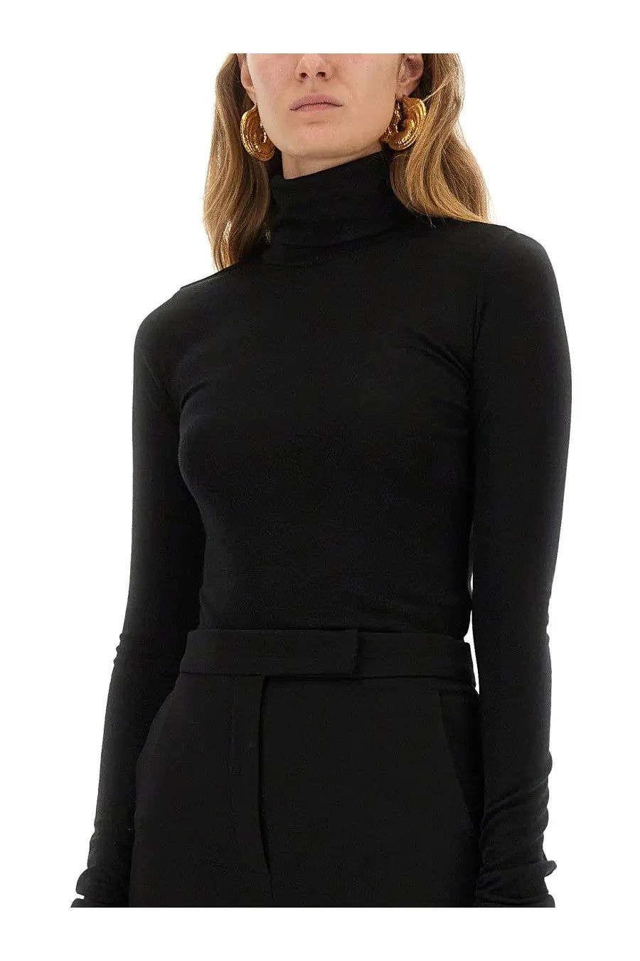 The Garment women’s bree long jersey black fitted high-neck top with long sleeves and subtle ruching at the cuffs
