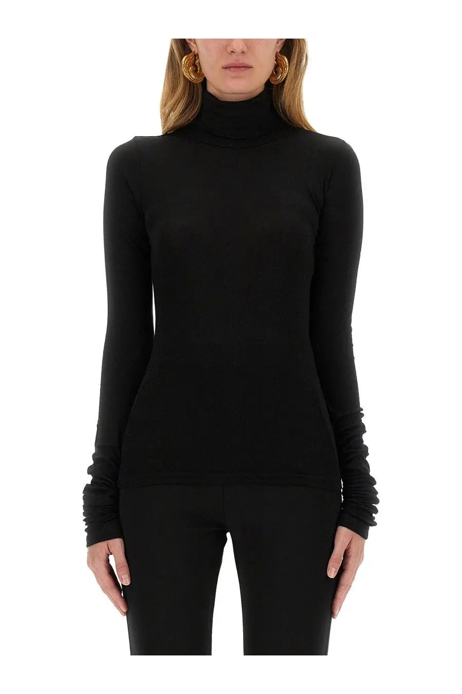 Black high-neck long-sleeved jersey top with ruched cuffs from the garment womens bree collection