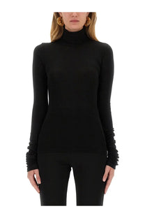 Black high-neck long-sleeved jersey top with ruched cuffs from the garment womens bree collection