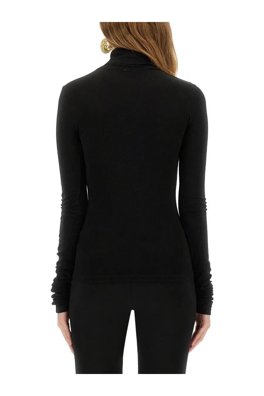 Black long-sleeved turtleneck top with ruched cuffs in soft jersey fabric by the garment womens bree long jersey black