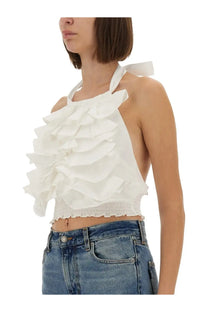 White ruffled halter top by the garment with gathered waistband and shoulder ties in lightweight fabric perfect for summer