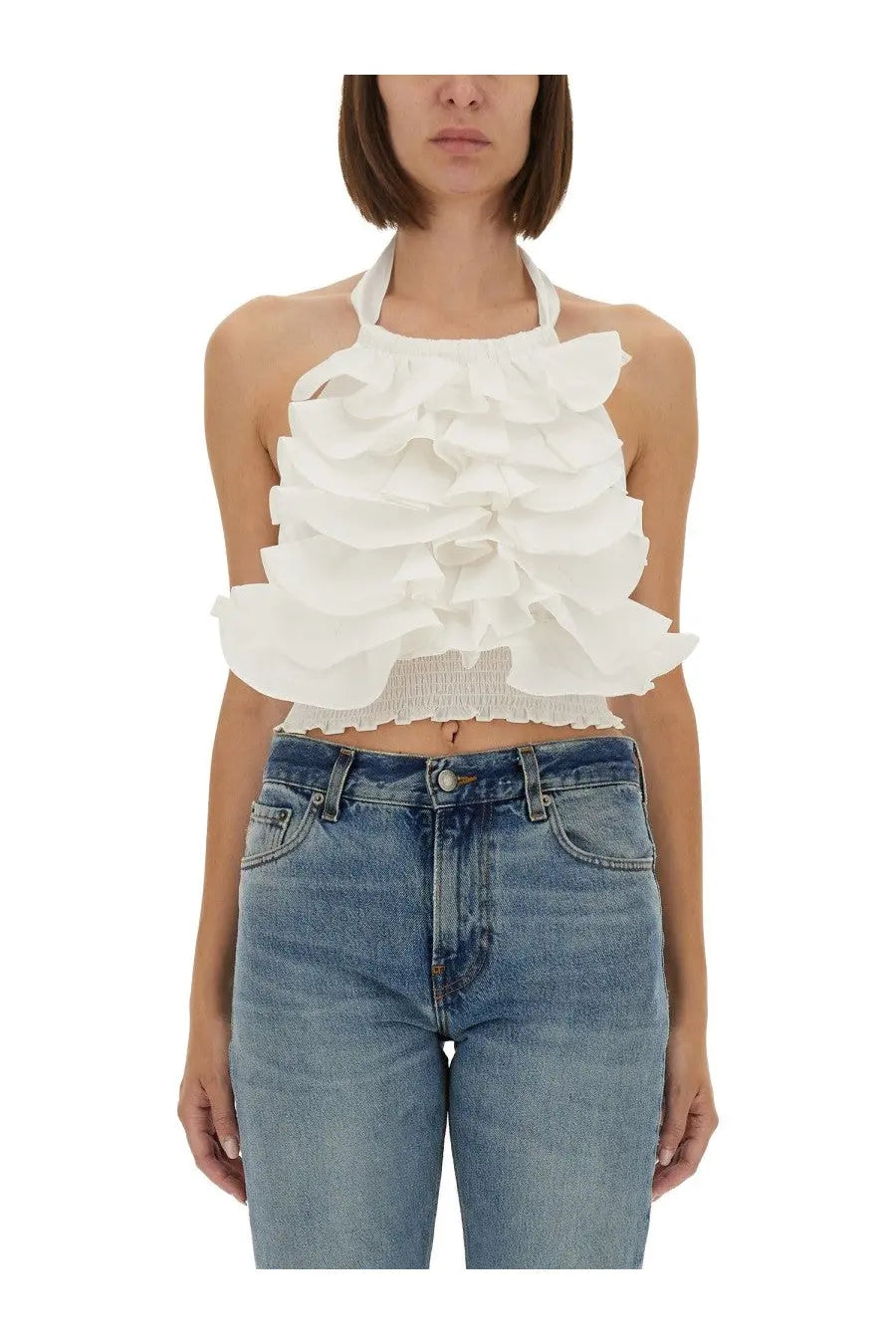White ruffled halter top with textured elasticated waistband from the garment women’s cyprus layer top collection