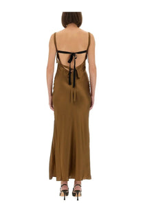 The back side of the garment womens dress catania bronze showing a sleek backless brown satin maxi dress with thin straps and black tie-back detail