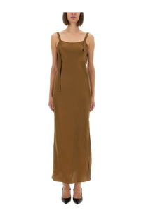 The Garment women’s dress Catania bronze sleek olive-green satin slip dress with thin straps and side-tie detail