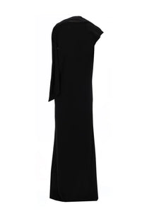 The garment women’s long dress black black one-shoulder floor-length gown with draped sleeve for formal occasions