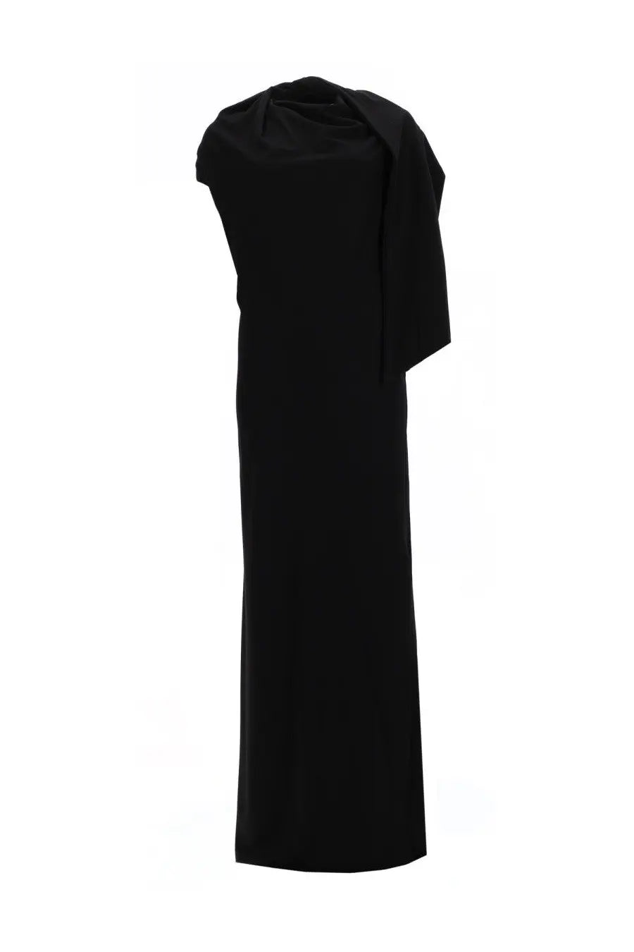The Garment women’s long dress black features a sleek one-shoulder design with draped fabric detail