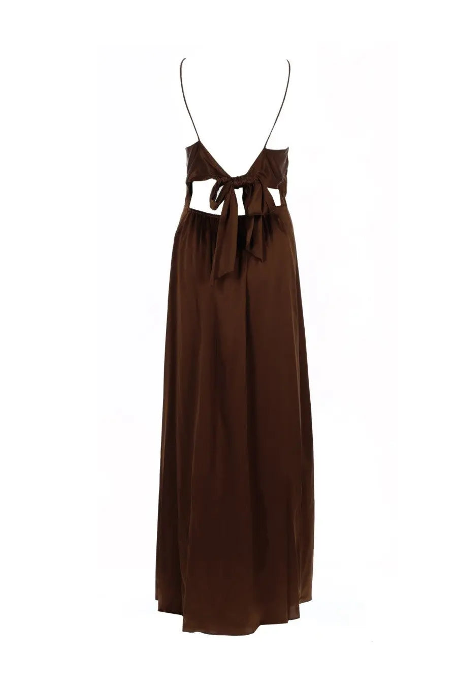 The garment women’s long dress cata brown is a flowing chocolate brown satin maxi dress with thin straps and a tied bow waist