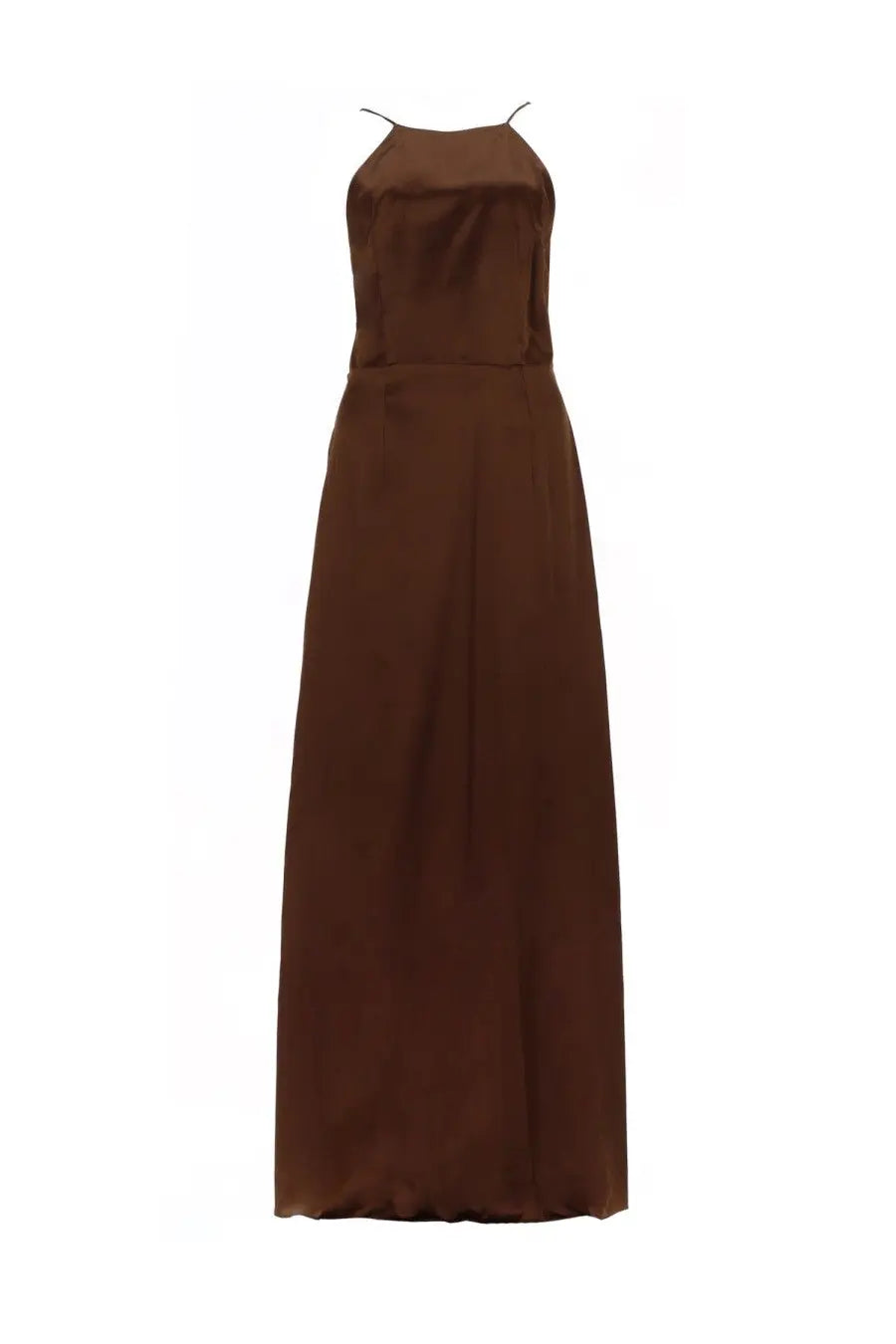 The garment women’s long dress cata brown is a sleek chocolate-brown satin maxi dress with thin spaghetti straps and a fitted waist