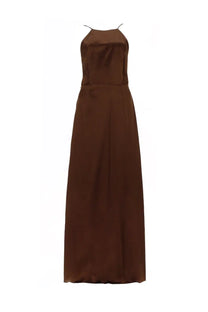 The garment women’s long dress cata brown is a sleek chocolate-brown satin maxi dress with thin spaghetti straps and a fitted waist