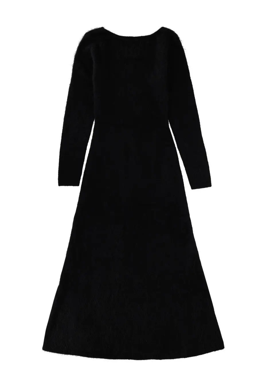 The garment women’s long dress roma black is a sleek black velvet midi dress with long sleeves and a flowing silhouette