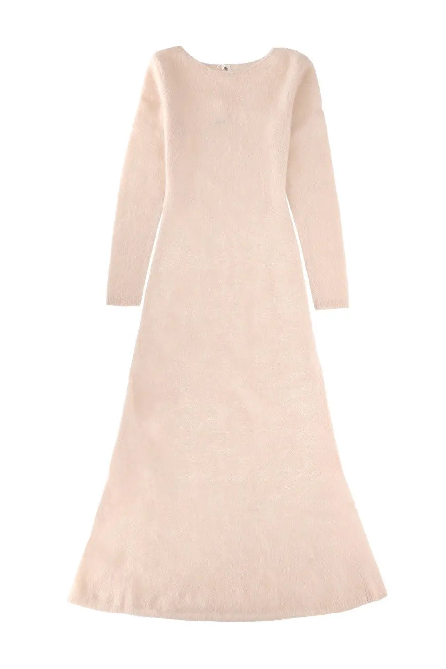 The garment women’s long dress roma white is a soft pale pink long-sleeved dress with a round neckline and a flowing a-line silhouette