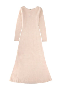 The garment women’s long dress roma white is a soft pale pink long-sleeved dress with a round neckline and a flowing a-line silhouette