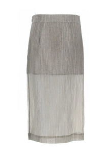 The garment women’s midi skirt delphi grey features a two-toned pleated design in muted gray and translucent silver fabric