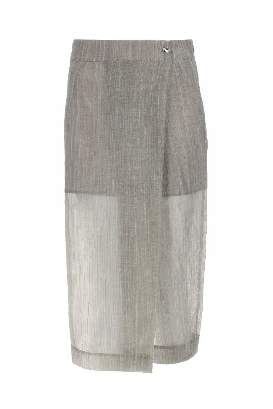 The garment women’s midi skirt delphi grey features a two-toned textured design with a structured gray upper and sheer silver-gray lower panel