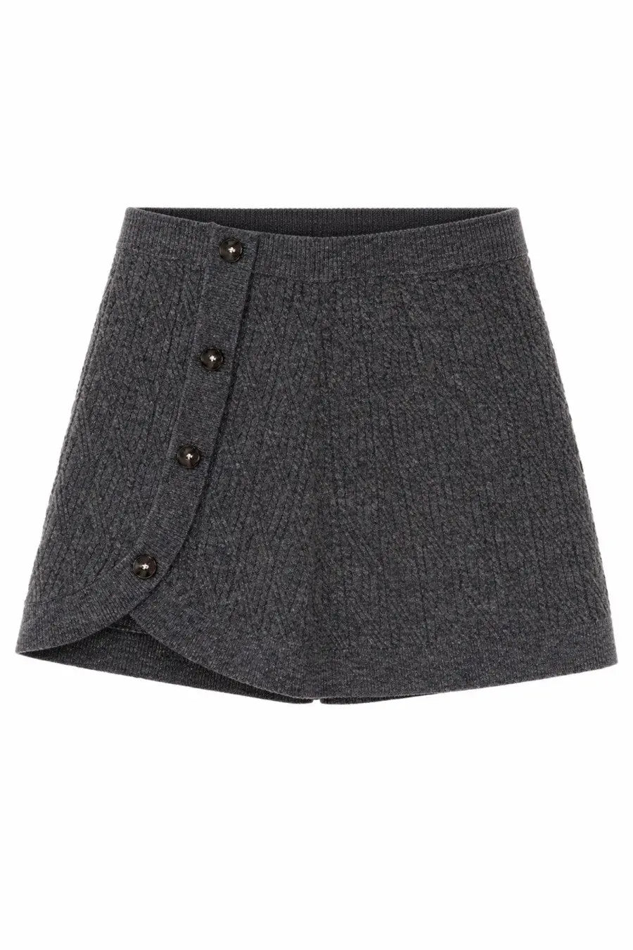 Dark gray knitted mini skirt with side button closure and slightly flared silhouette by The Garment Women’s Miniskirt Como Grey
