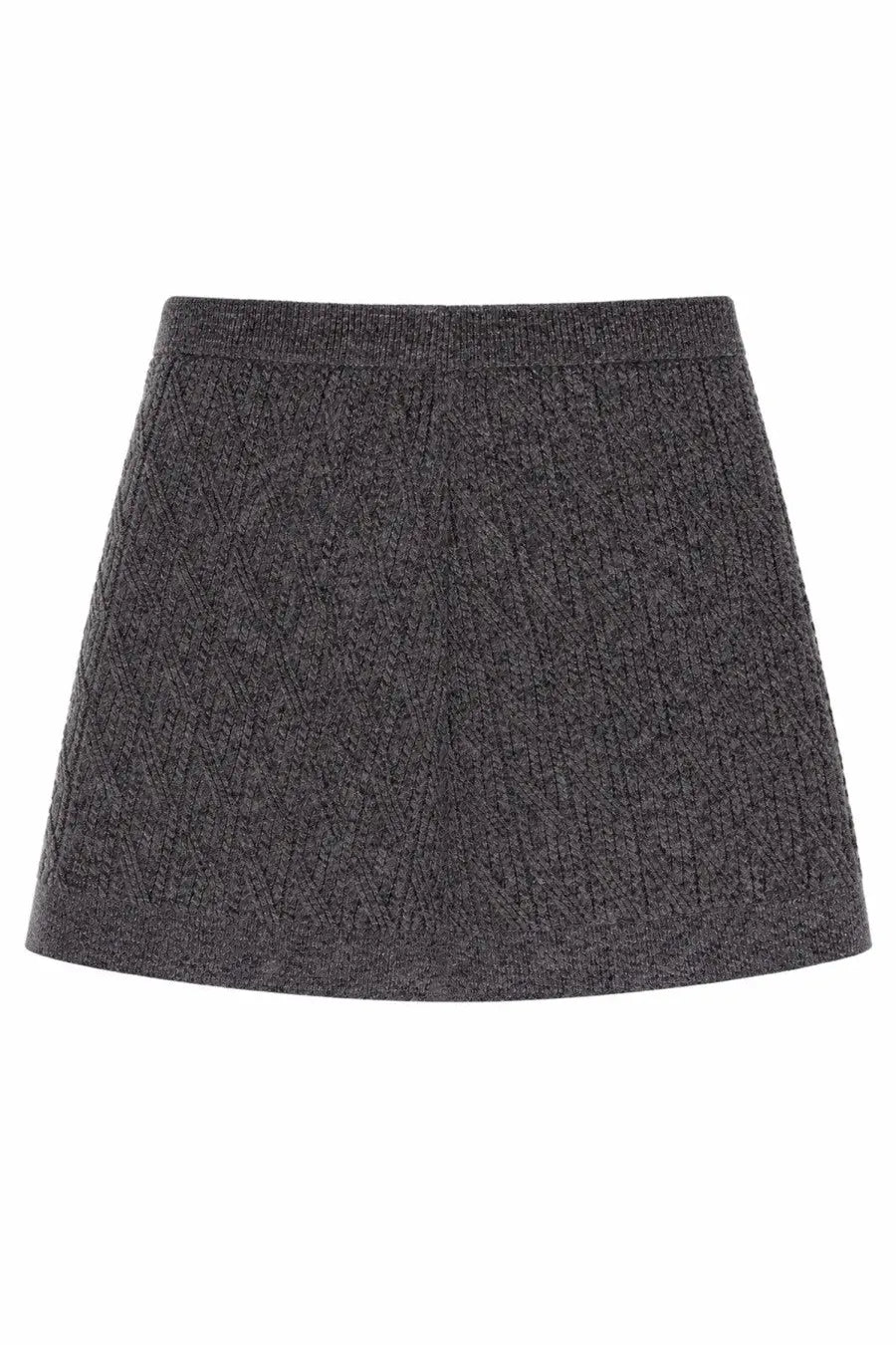 The Garment women’s miniskirt Como grey is a dark gray textured knit skirt with a subtle diamond pattern and ribbed waistband