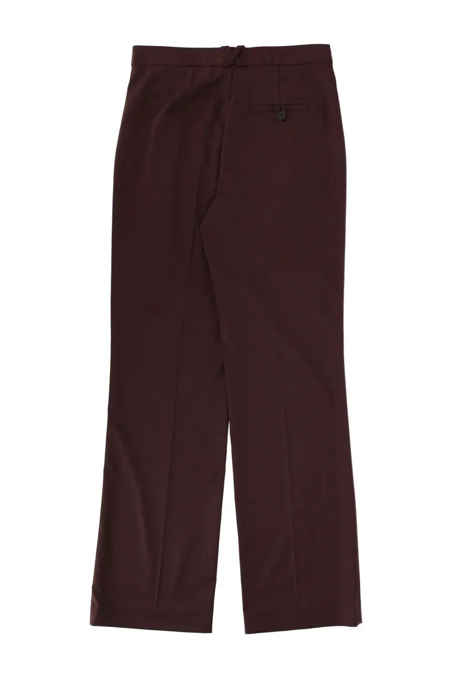 Dark burgundy straight-leg womens pants with concealed back button closure and subtle pleats from the garment necchi red