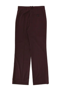 Dark burgundy straight-leg womens pants with concealed back button closure and subtle pleats from the garment necchi red