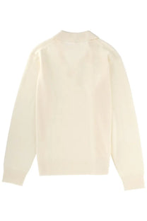 Cream-colored knit cardigan with collar and ribbed cuffs from the garment women’s polo como beige collection