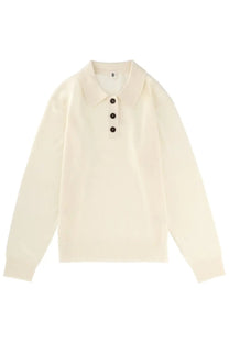 Cream-colored long-sleeved polo shirt with classic collar and dark buttons from The Garment Women’s Polo Como Beige collection