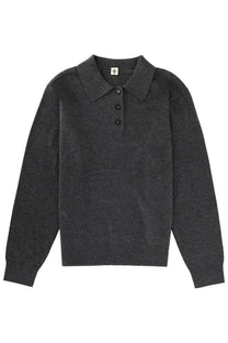 Dark gray textured knit polo shirt with classic collar three black buttons from the garment womens polo como grey