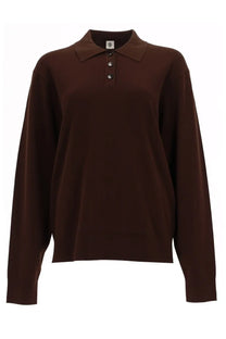 A sleek chocolate-brown long-sleeved polo shirt with classic collar and three silver buttons from The Garment