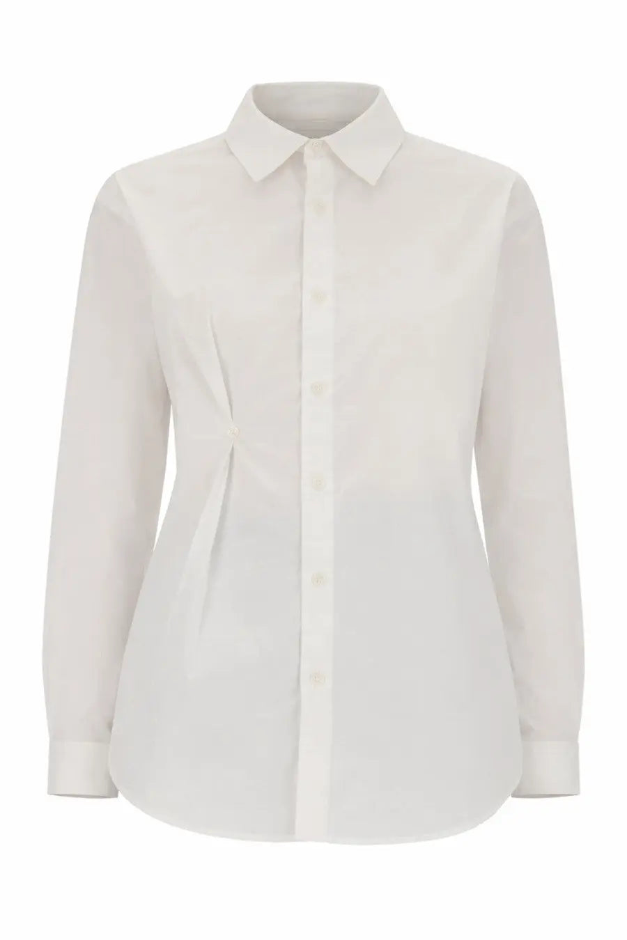 The garment women’s shirt cyprus white is a crisp white button-down blouse with a classic collar and subtle side pleats